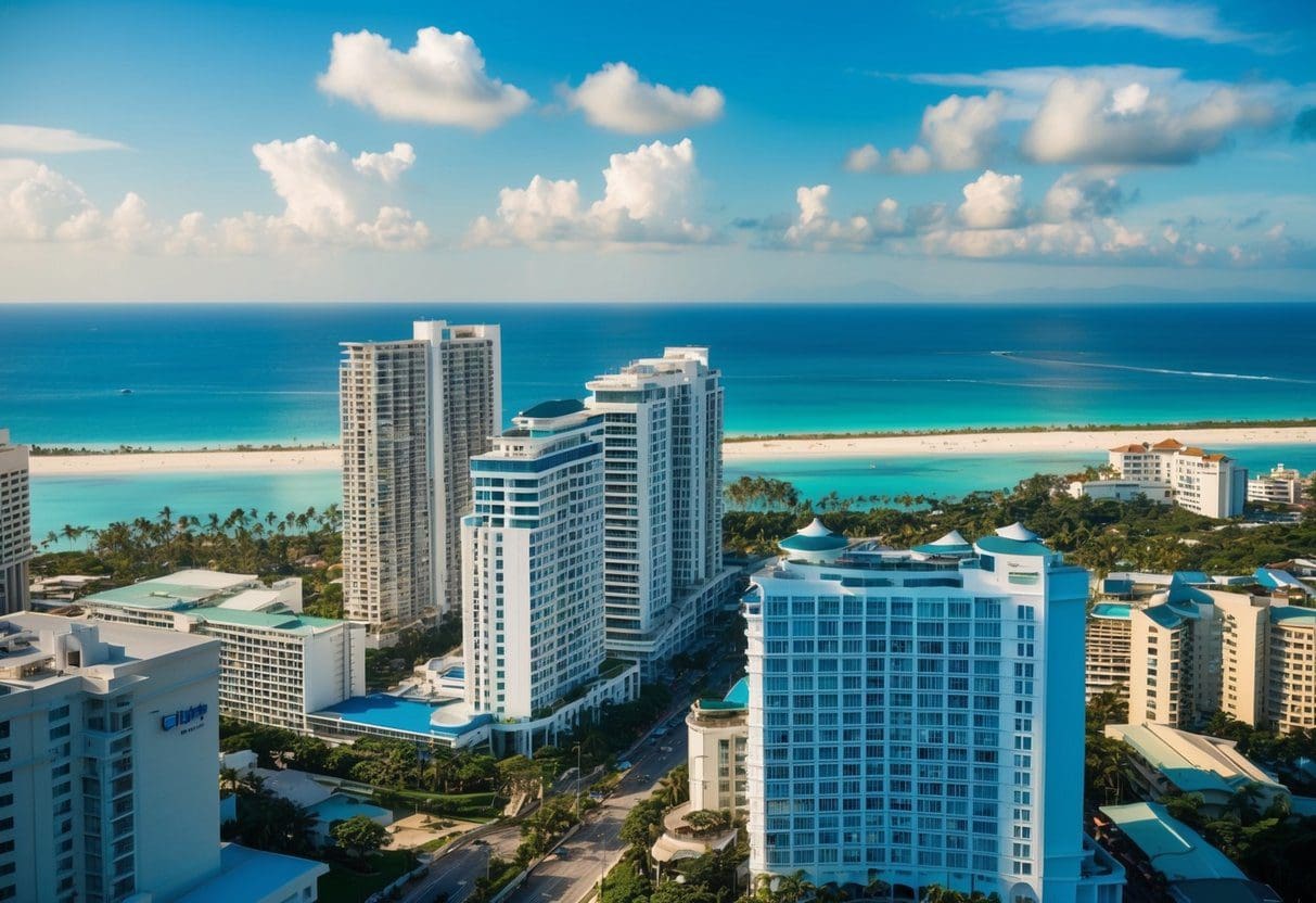 A bustling cityscape in Cebu, with high-rise buildings and hotels overlooking pristine beaches and bustling tourist attractions, showcasing the dynamic impact of tourism on the real estate market