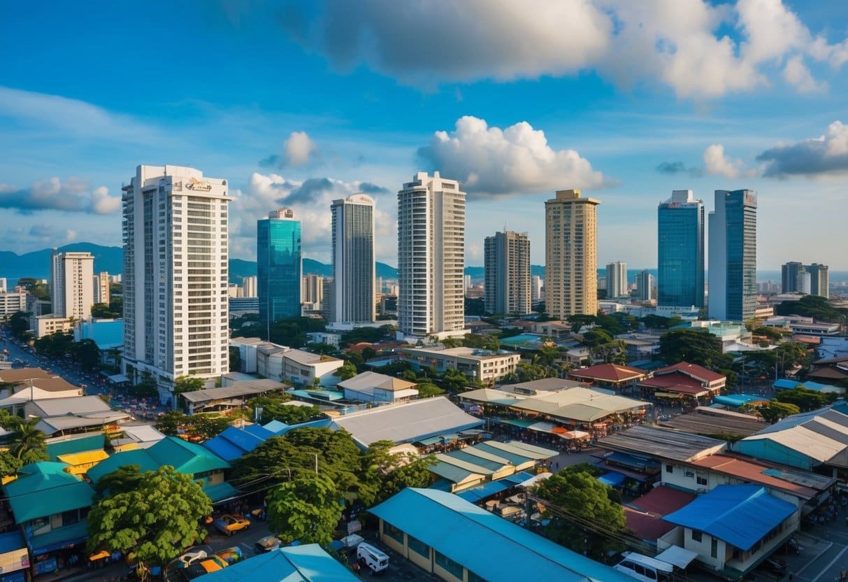 A bustling Cebu cityscape with high-rise buildings and vibrant street markets, showcasing the diverse real estate market