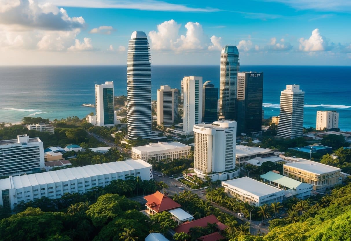 A bustling Cebu cityscape with a mix of modern skyscrapers and traditional Filipino architecture, surrounded by lush greenery and the sparkling ocean