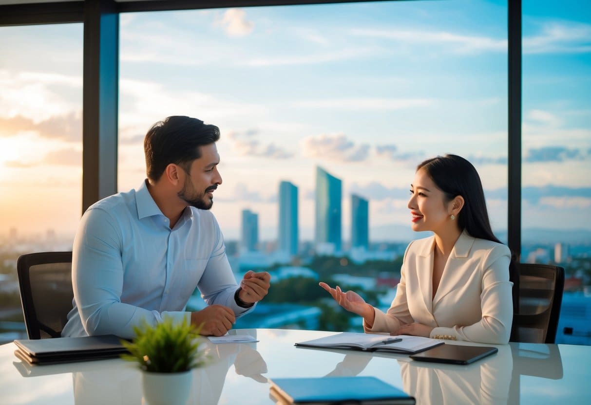 A couple and a real estate agent discussing terms in an office with a view of Cebu's skyline in the background