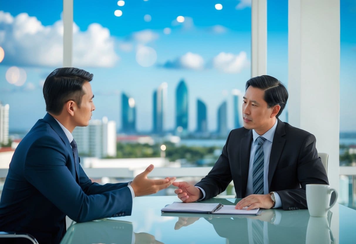 A real estate broker and a client discussing terms in an office with a view of Cebu's skyline in the background