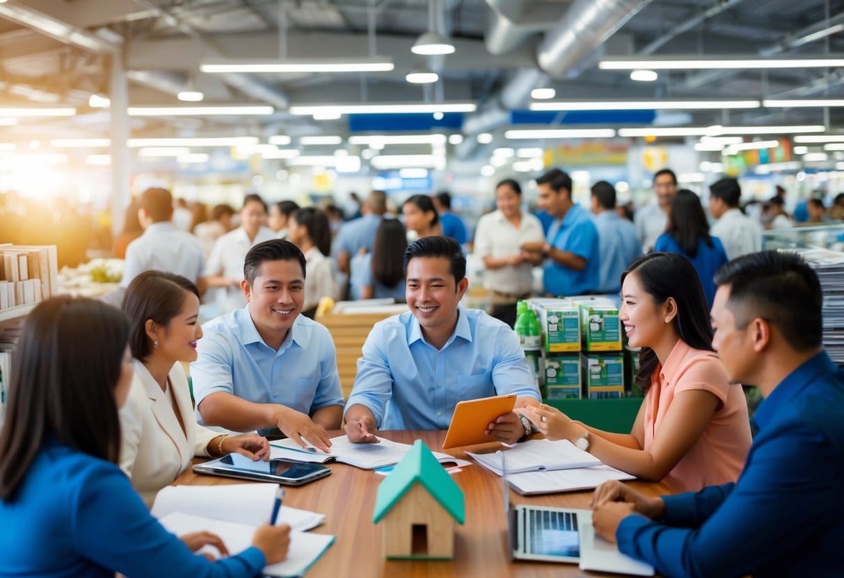 A bustling Cebu real estate market with diverse properties and eager buyers and sellers engaging in negotiations