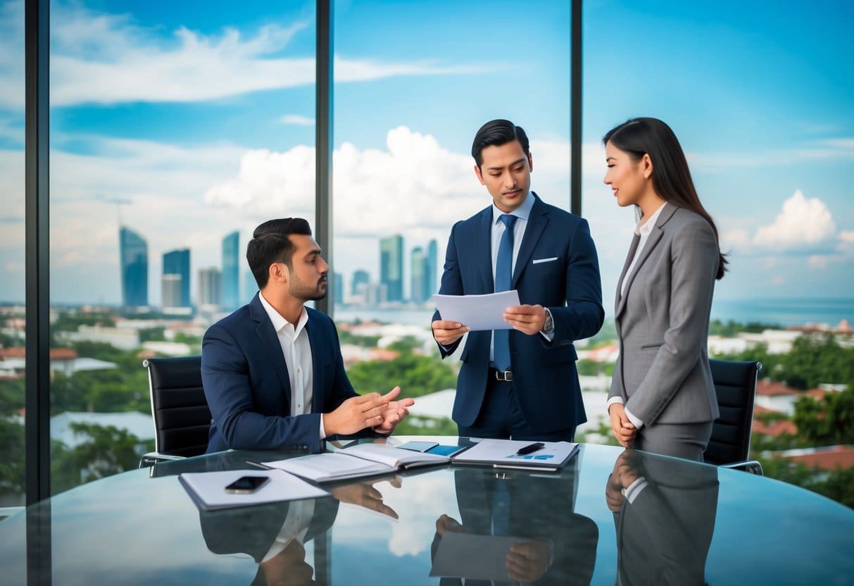 A real estate agent and a buyer discussing terms in a modern office with a view of Cebu's skyline in the background