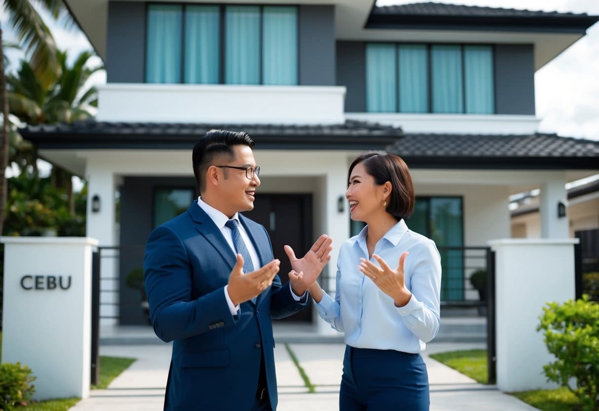 A real estate agent and a potential buyer standing in front of a property in Cebu, engaged in a lively discussion with hand gestures and animated expressions