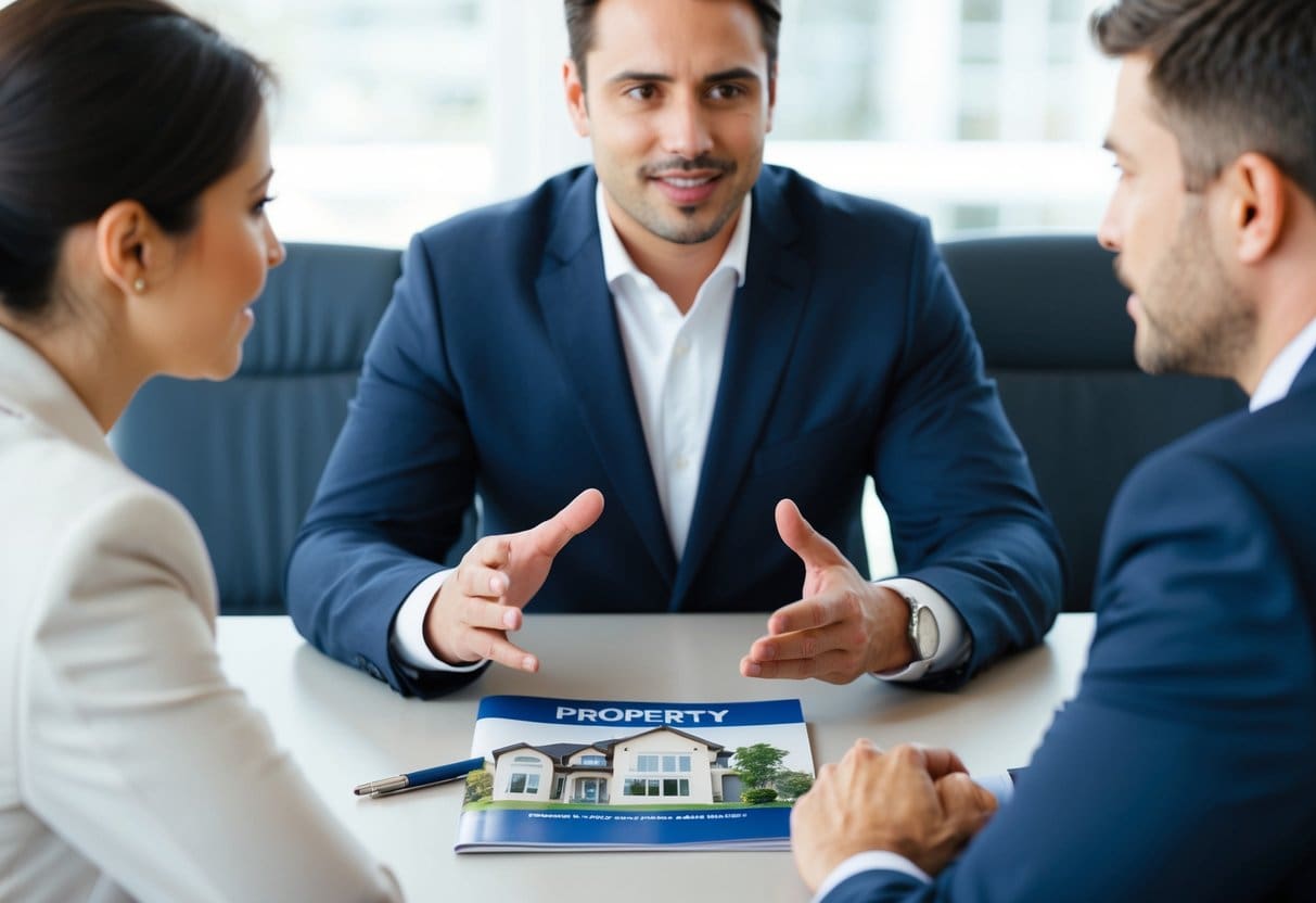 A real estate agent and a buyer facing each other across a table, with a property brochure and pen in the middle. The agent is gesturing and explaining, while the buyer listens attentively