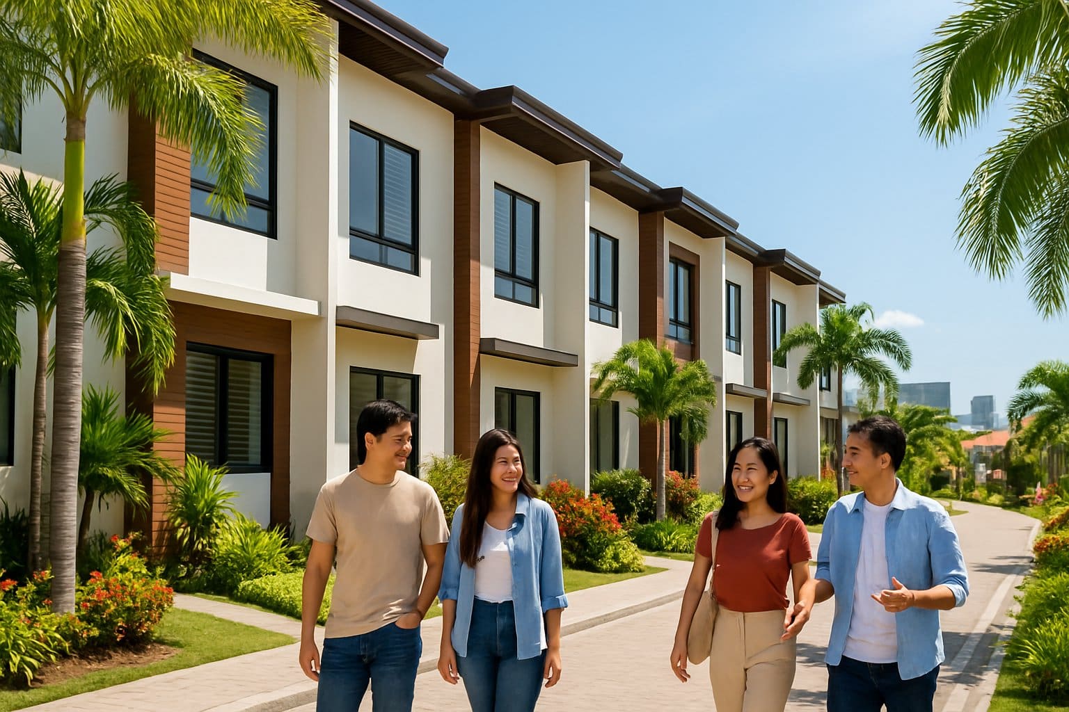 A row of modern townhouses with tropical plants and people enjoying the outdoor area under a clear sky.