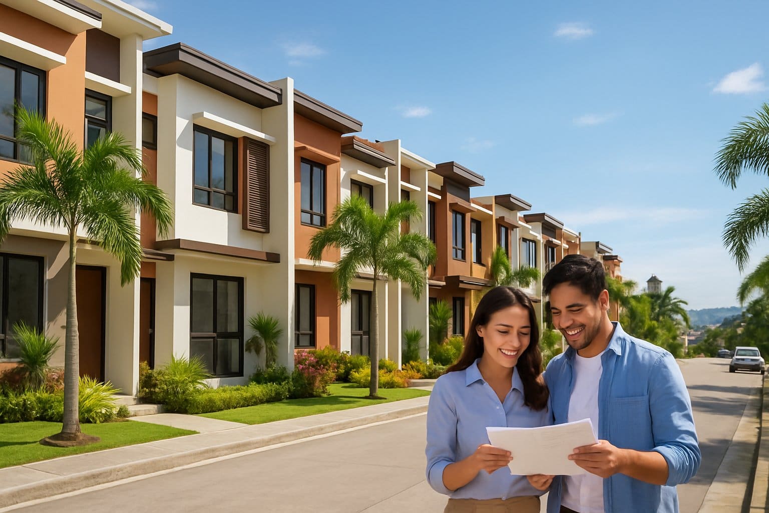 A row of modern townhouses in a tropical neighborhood with a young couple reviewing documents outside on a sunny day.