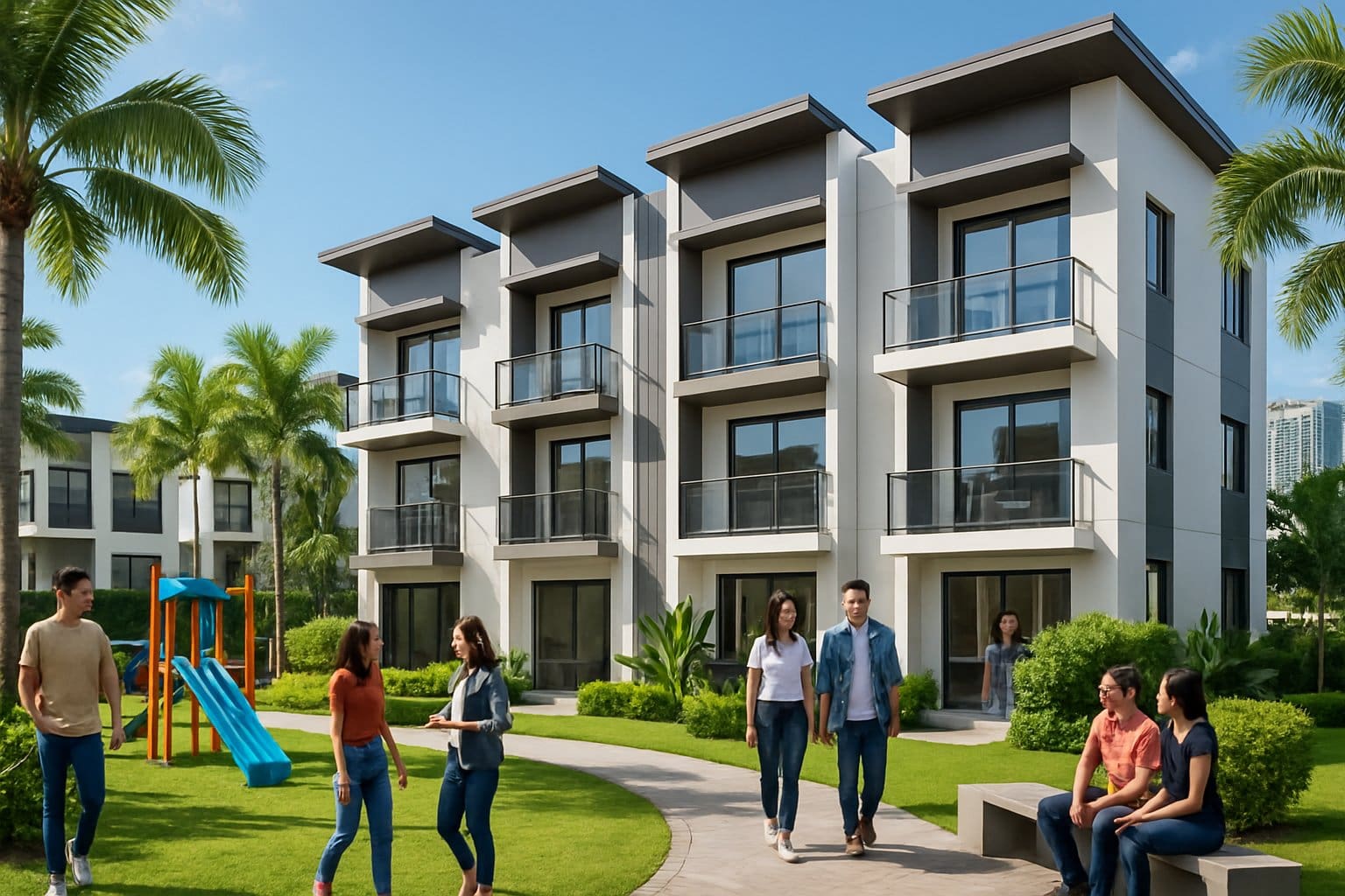 A row of modern townhouses with people walking and socializing outdoors in a green, sunny neighborhood.