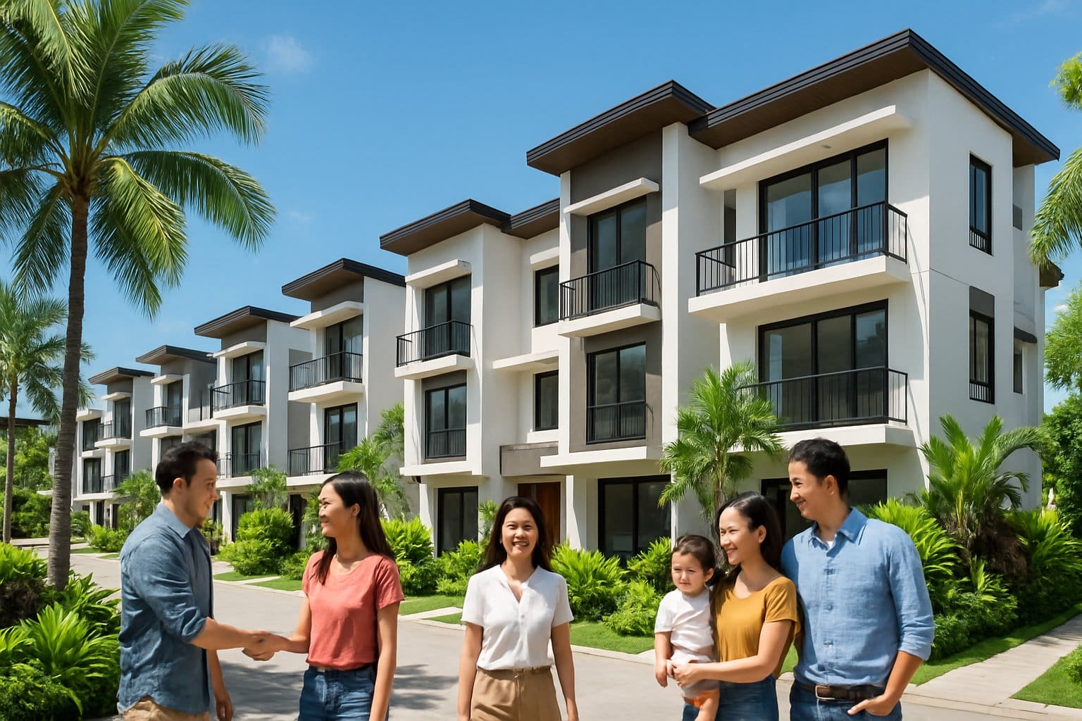 Modern townhouse complex with tropical landscaping and people interacting outside on a sunny day.