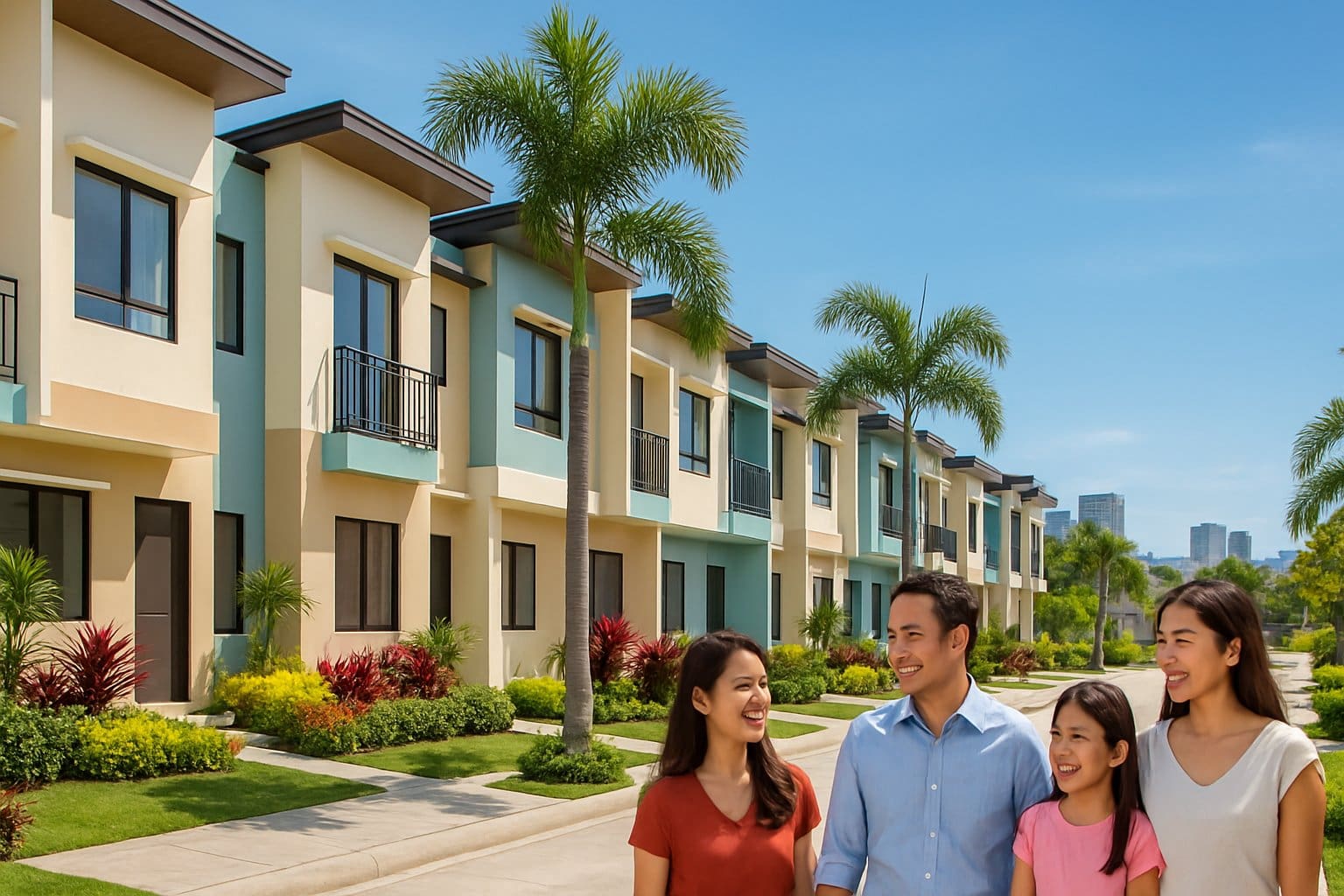 A row of modern townhouses with people walking and smiling outside under a clear blue sky.