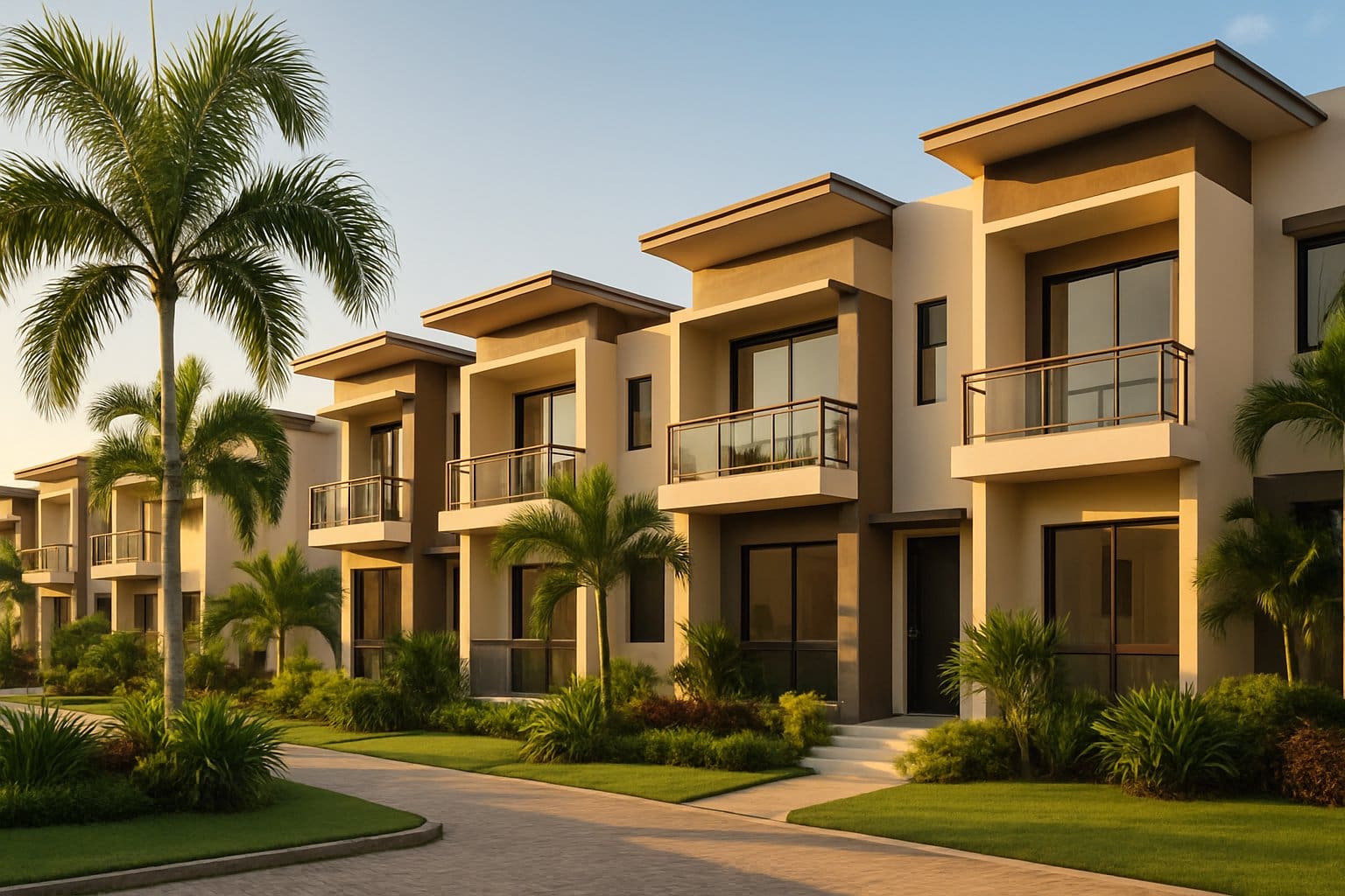 A row of modern townhouses surrounded by tropical plants and palm trees under a clear sky with warm sunlight.