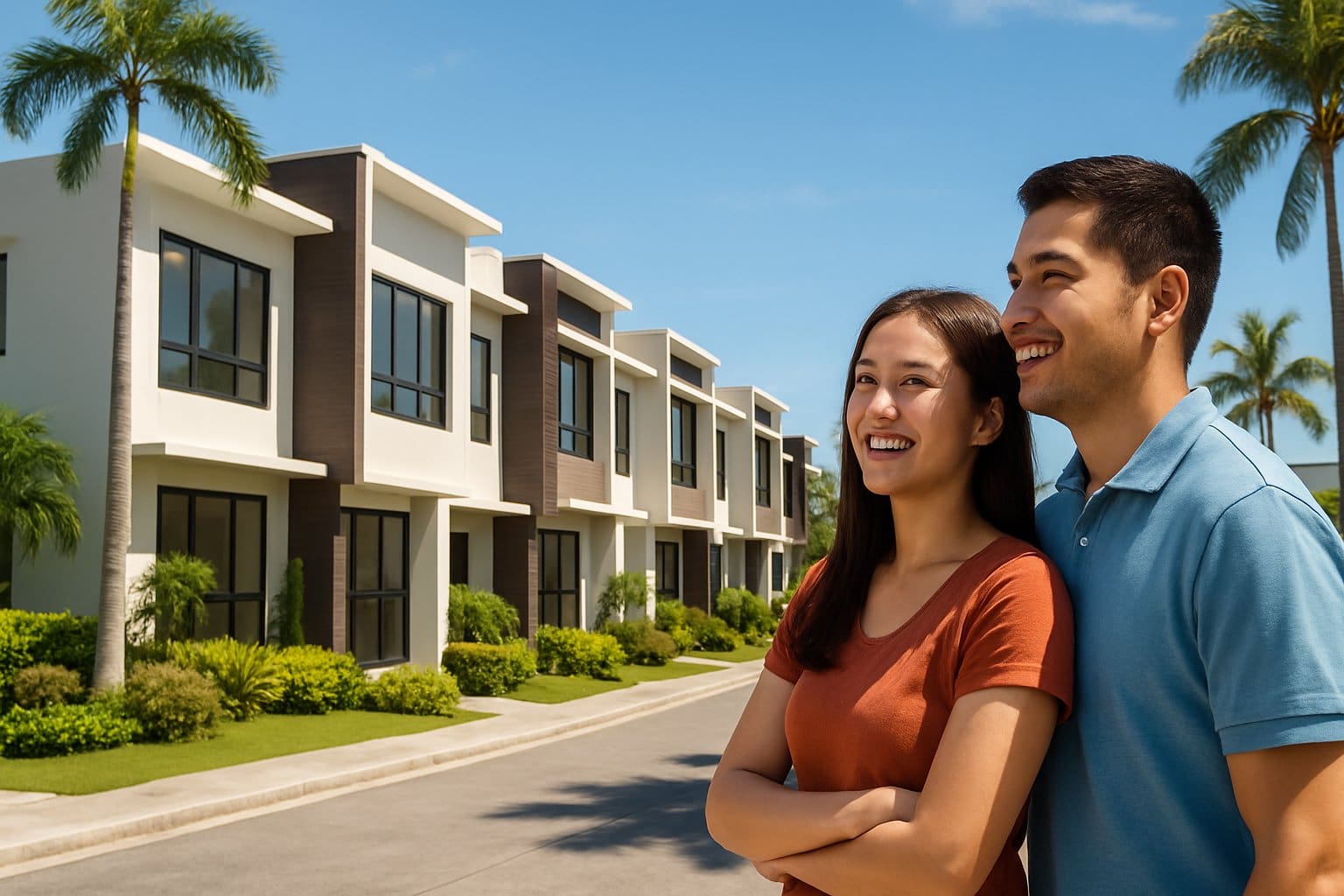 A row of modern townhouses with a happy couple standing in front, surrounded by greenery and a cityscape in the background.
