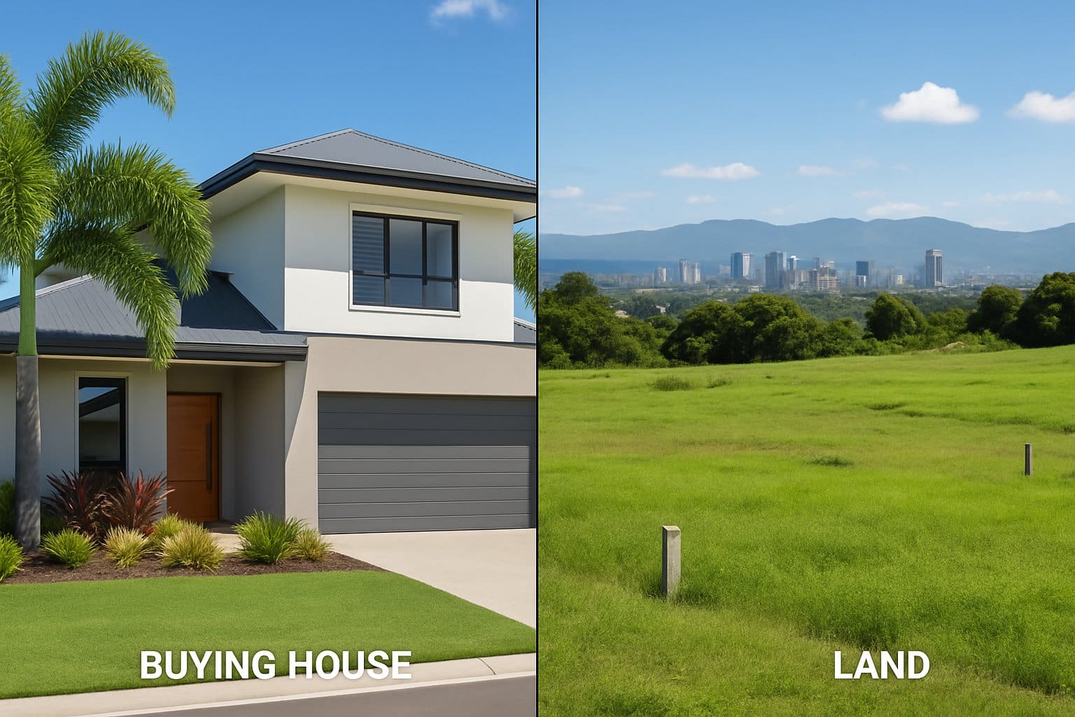 A split view showing a modern house with tropical plants on one side and an open green land plot with city skyline in the background on the other side.
