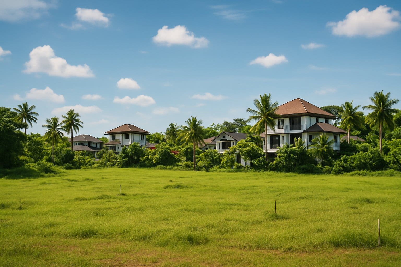 A sunlit landscape in Cebu showing green undeveloped land in front and modern houses with palm trees in the background under a blue sky.