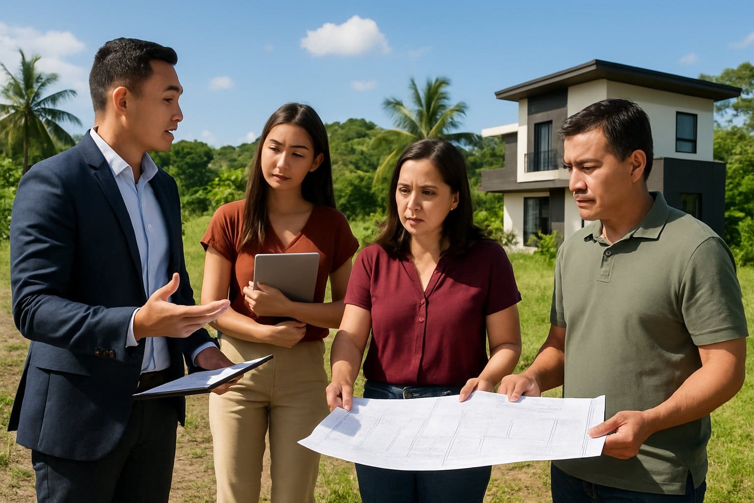 A group of people discussing near a plot of land with a house visible in the background under clear blue skies.