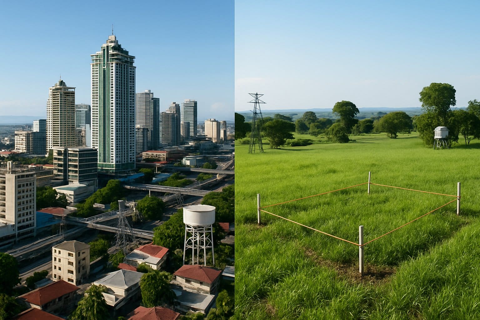 A split view showing a cityscape with buildings and infrastructure on one side and a marked green plot of land on the other side under a clear sky.