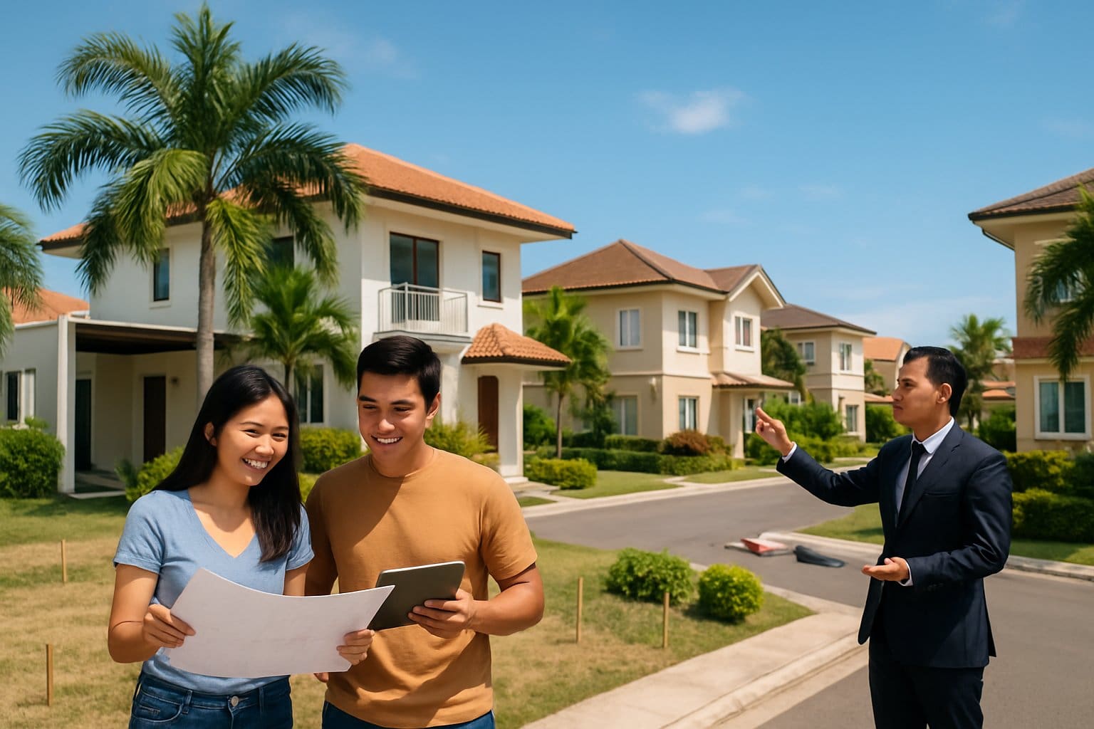 A young couple and a real estate agent discussing housing options in a sunny residential neighborhood with houses and land plots in Cebu.