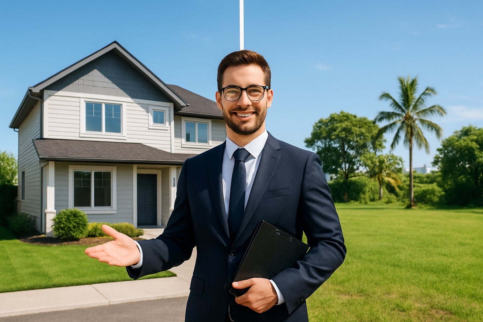 A real estate agent stands between a modern house and an open plot of land, showing options for buying property in a tropical setting.