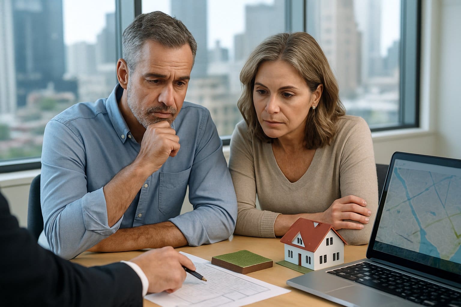 A couple and a real estate agent discussing property options at a desk with blueprints, a laptop, and models of a house and land.
