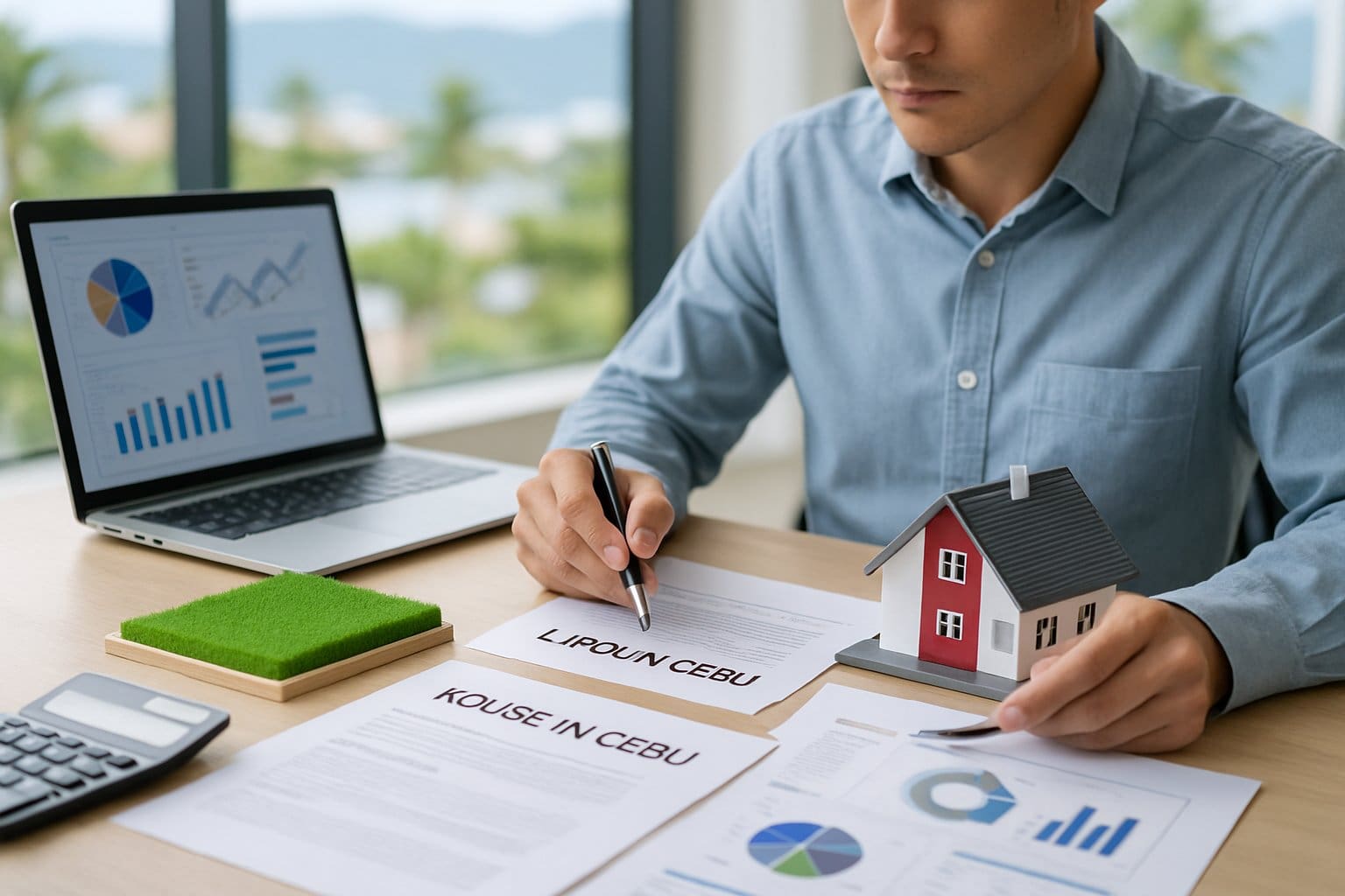A person analyzing real estate documents with house and land models on a desk in a bright office.