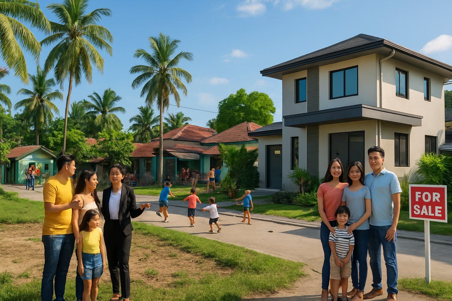 A family talks with a real estate agent near vacant land while another family stands by a modern house in a lively Cebu neighborhood with people interacting and tropical surroundings.