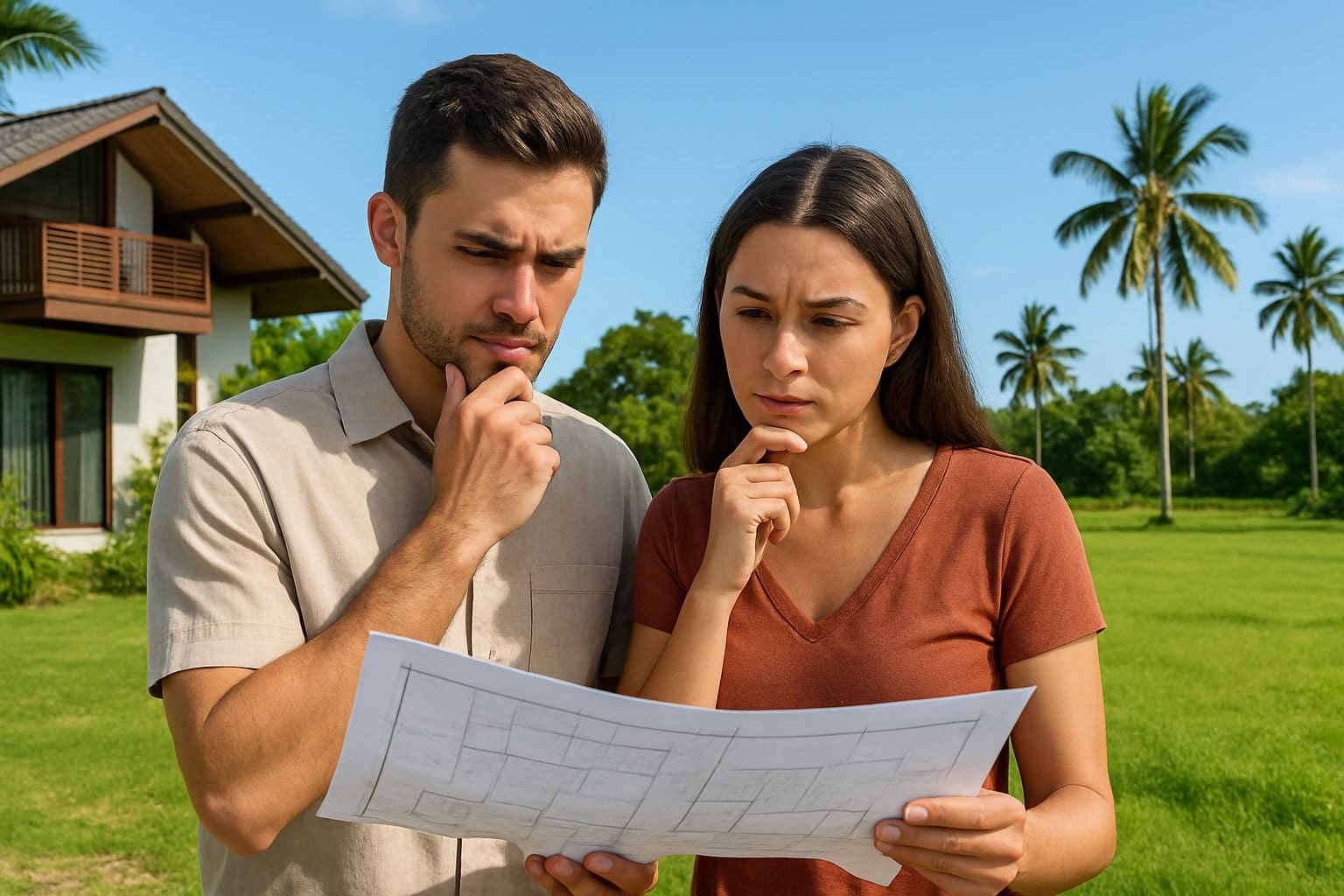 A young couple outdoors looking at a map with a modern house on one side and an empty green land plot on the other.