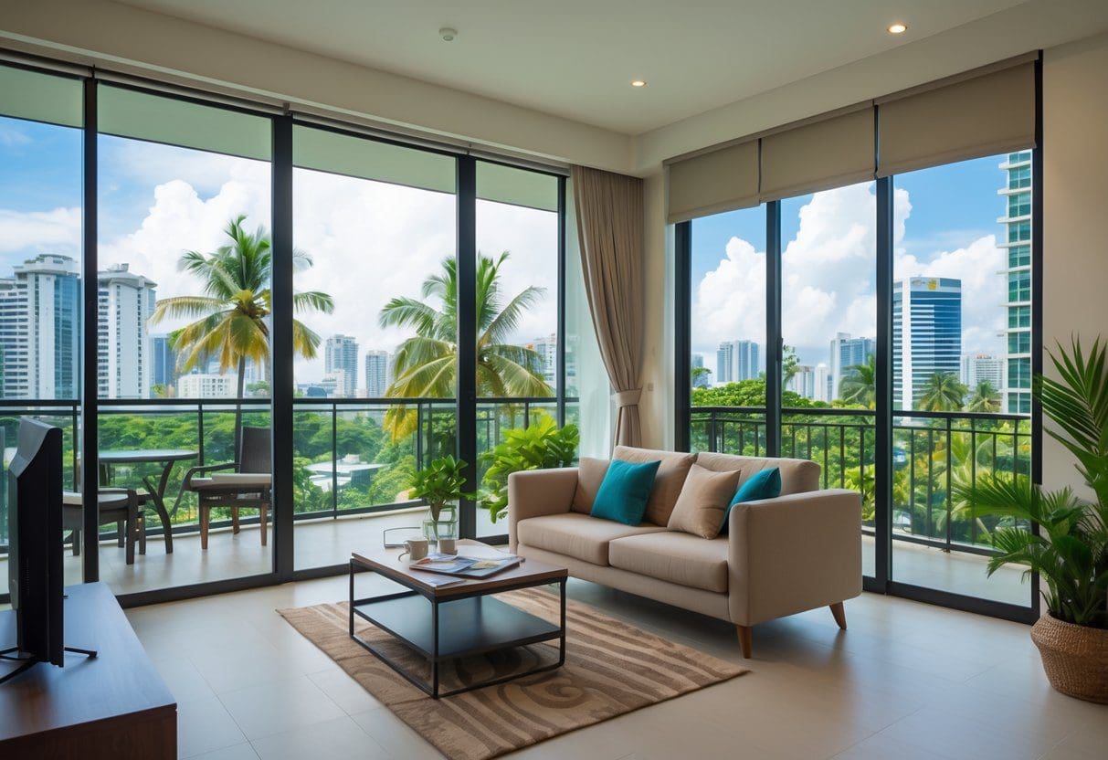 Bright and spacious living room of a modern apartment with large windows showing a tropical city view and balcony with palm trees.
