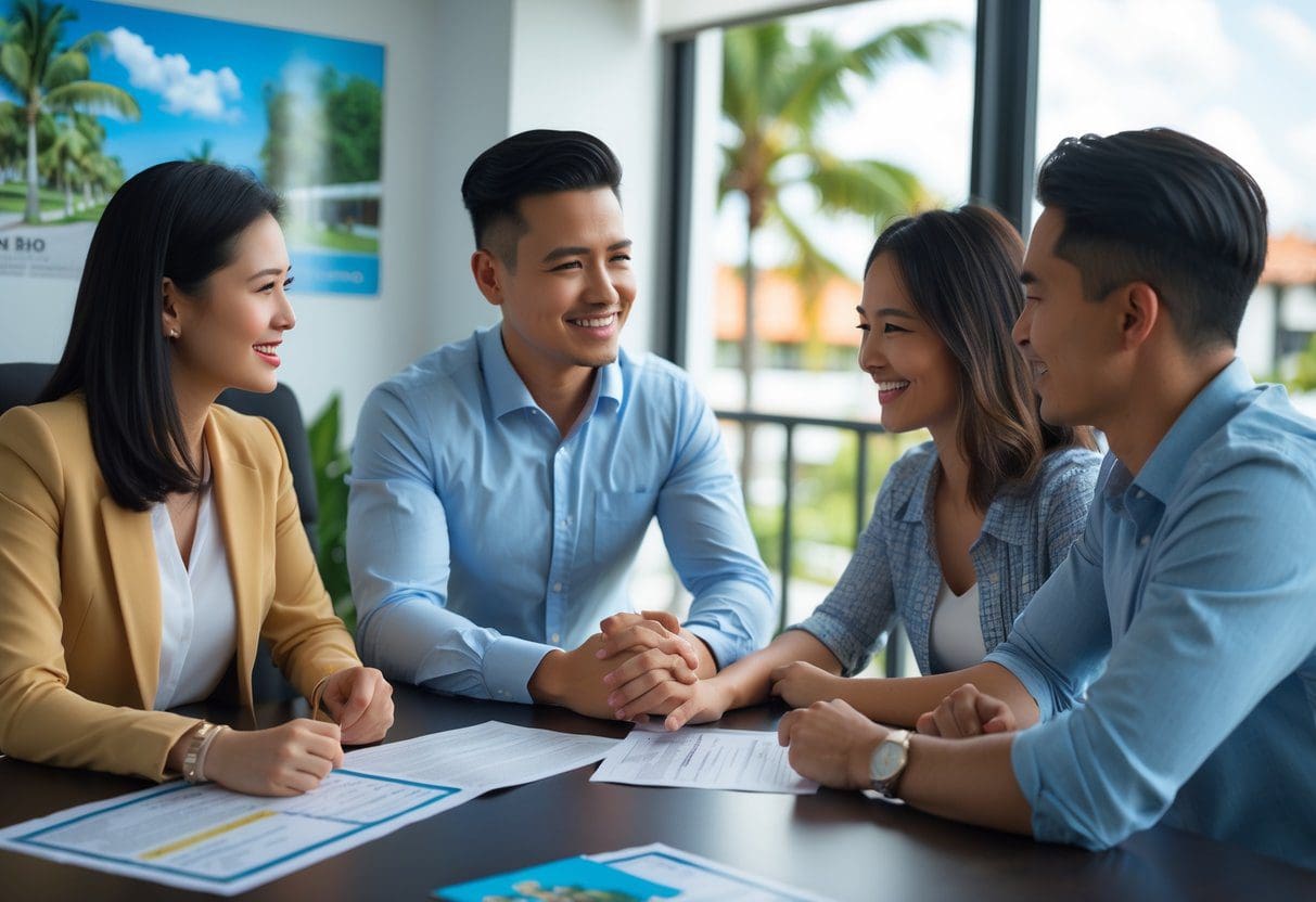 A landlord discussing lease agreements with an expat couple in a bright office with documents on the table and a sunny city view in the background.
