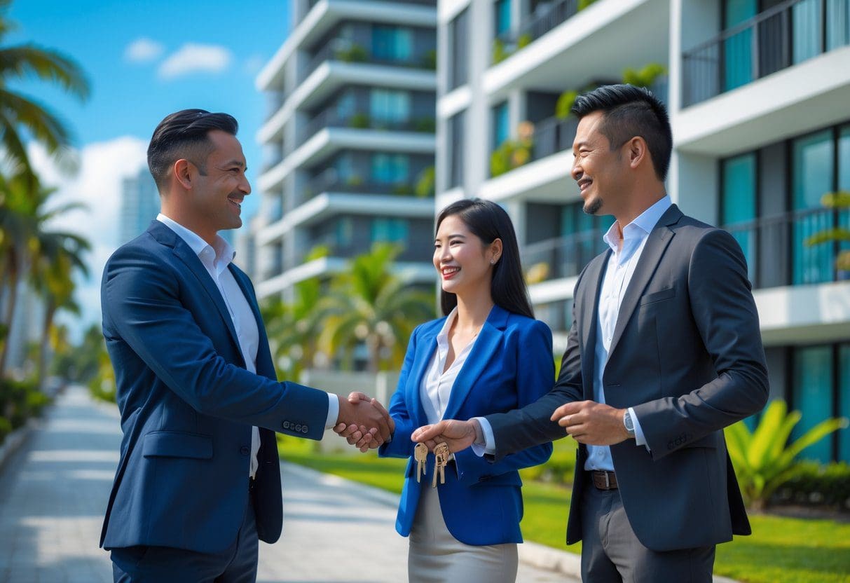A real estate agent shaking hands with a smiling expatriate couple outside a modern apartment building surrounded by tropical greenery.
