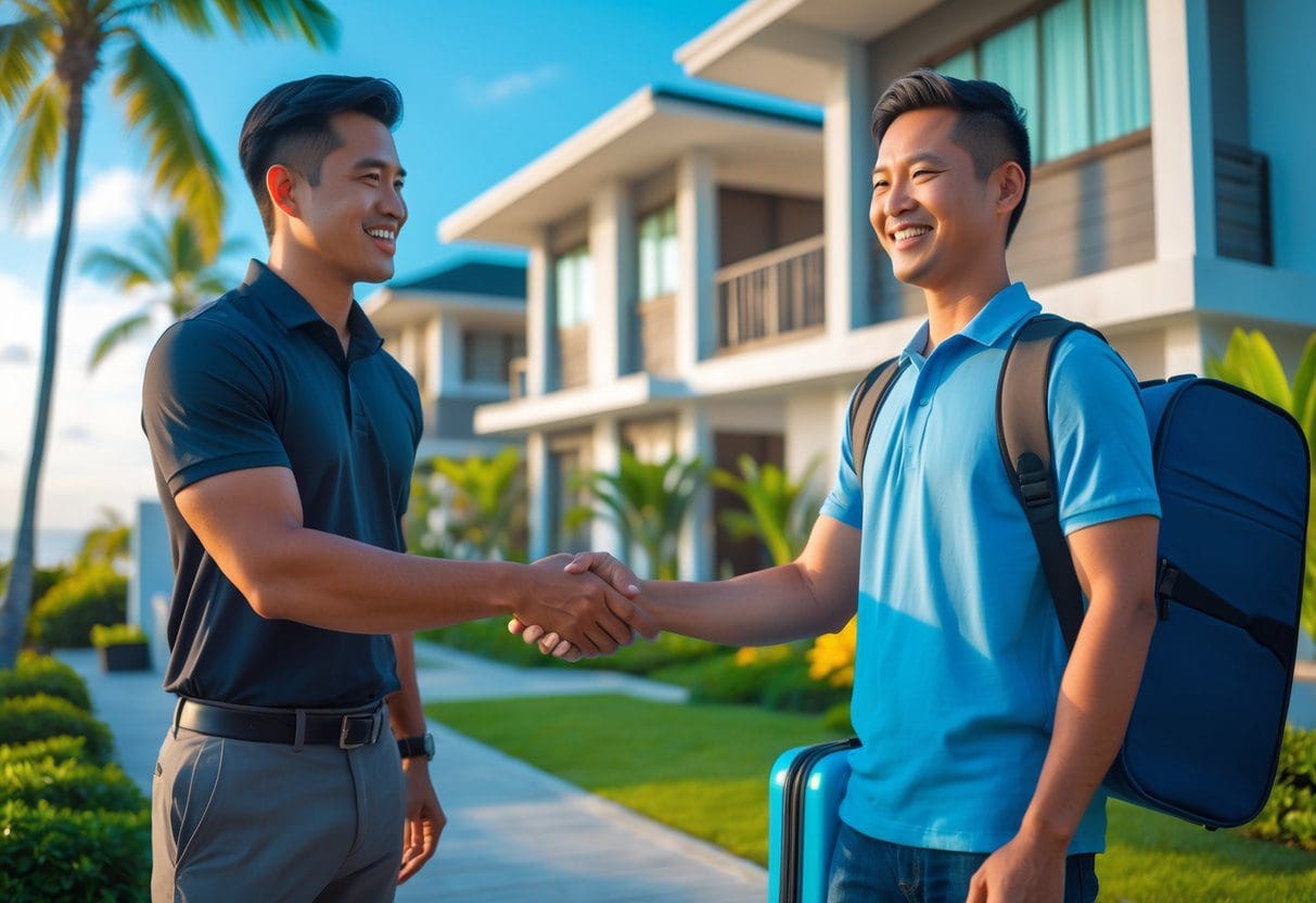 A landlord shaking hands with an expat tenant outside a modern apartment building surrounded by tropical plants under a clear blue sky.