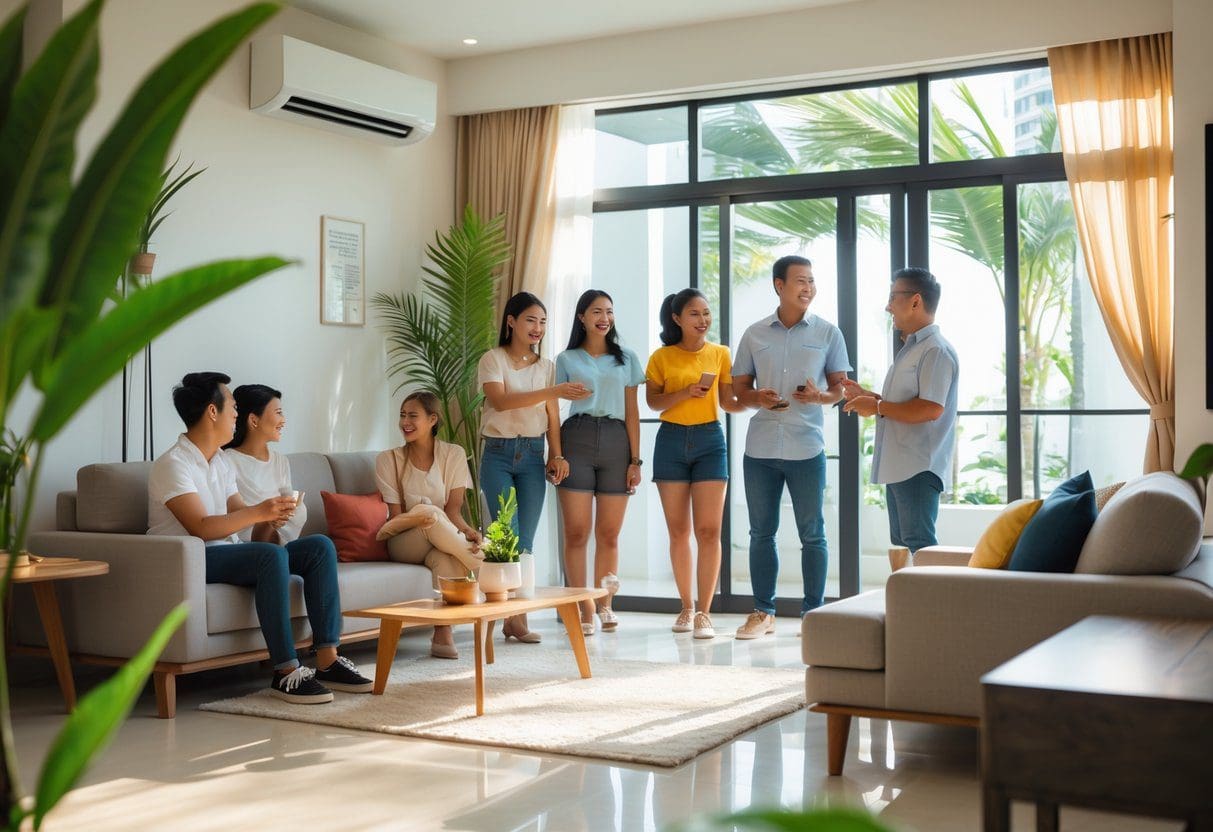 A landlord handing keys to smiling expat tenants inside a bright, modern apartment with tropical plants and sunlight.