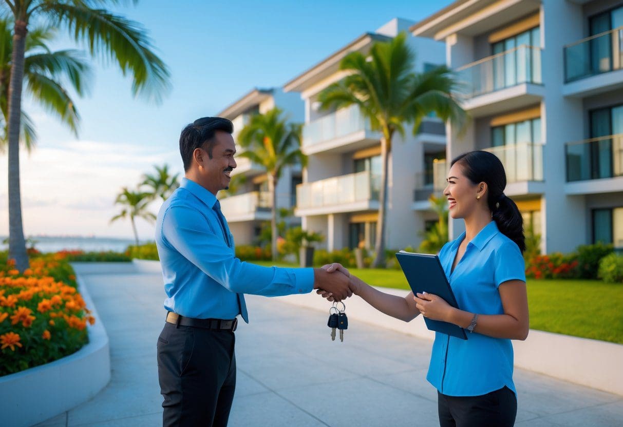A landlord shaking hands with an expat tenant in front of a modern apartment building surrounded by tropical plants and a clear blue sky.