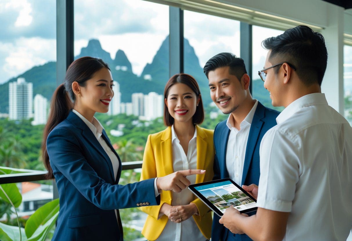 A real estate agent talks with an expatriate couple in a modern office overlooking a city skyline with tropical greenery.