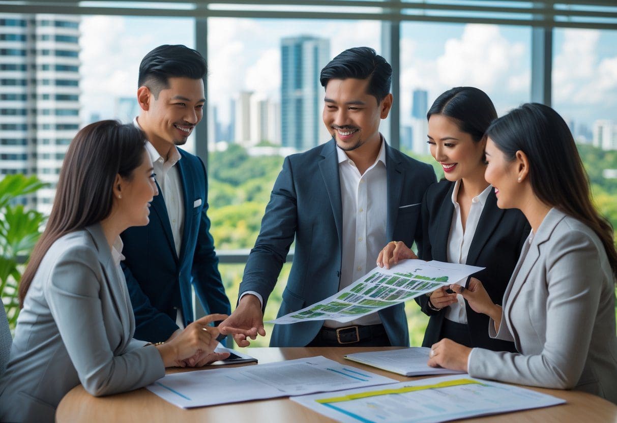 A landlord and two real estate agents discussing apartment plans in an office with large windows showing a city skyline and tropical trees.