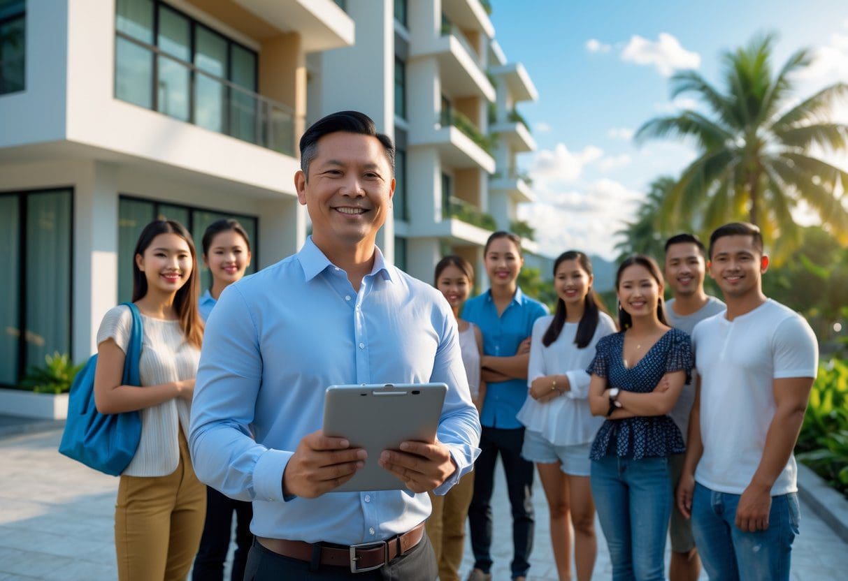 A landlord showing a modern apartment to a group of smiling expat tenants with tropical greenery and blue skies in the background.