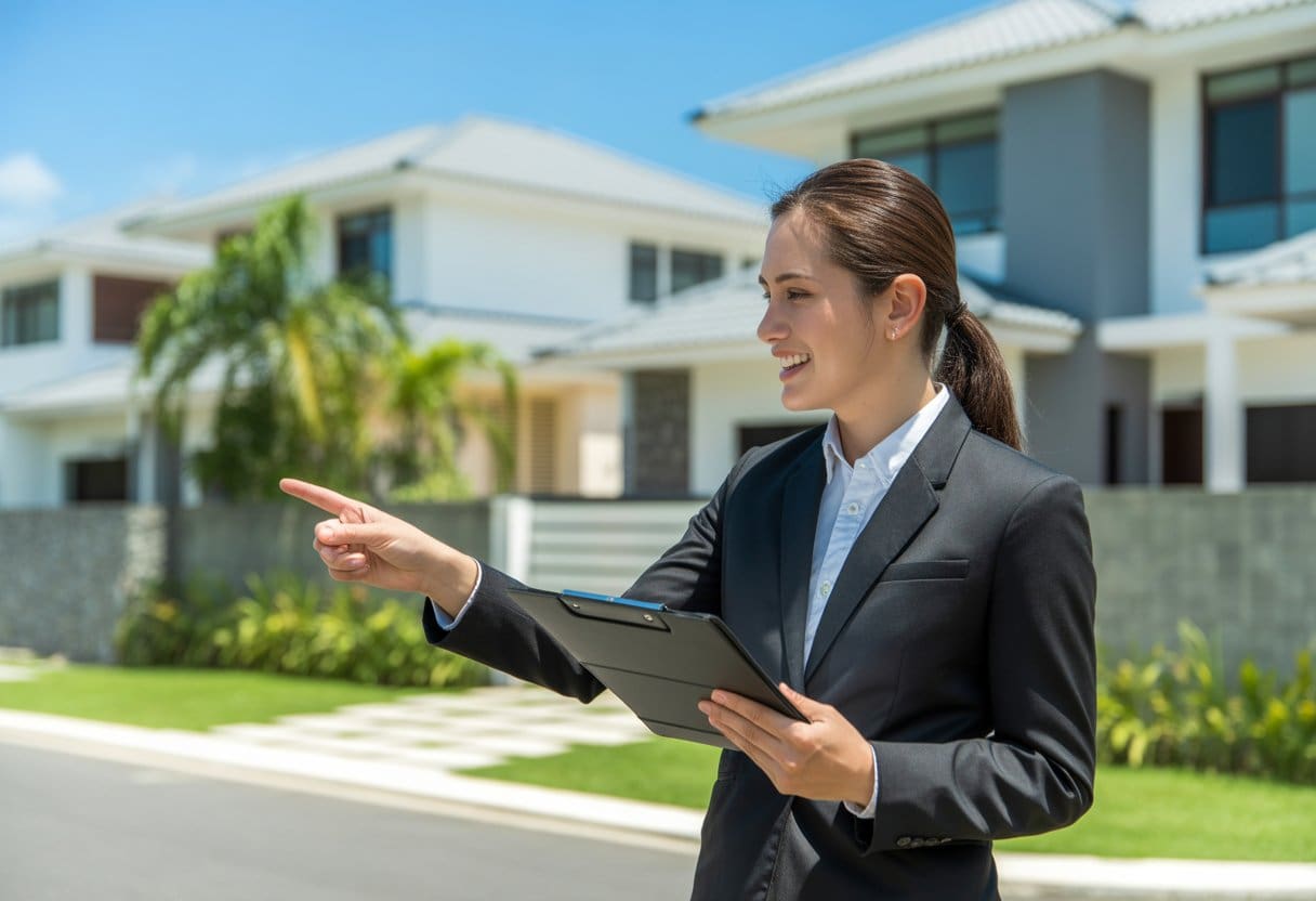 A real estate agent evaluating a residential property in a Cebu neighborhood, interacting with a homeowner under clear blue skies.
