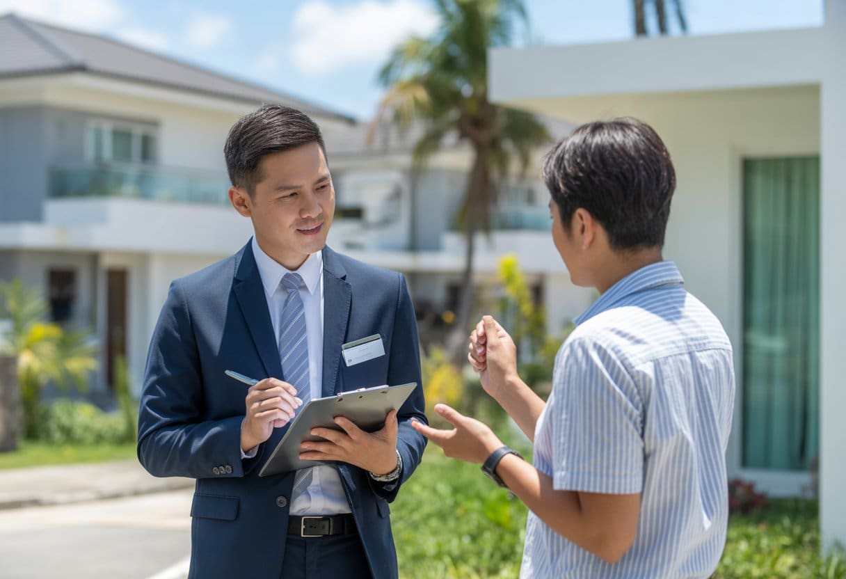 A real estate appraiser inspects a residential property while talking with a homeowner in a tropical neighborhood.