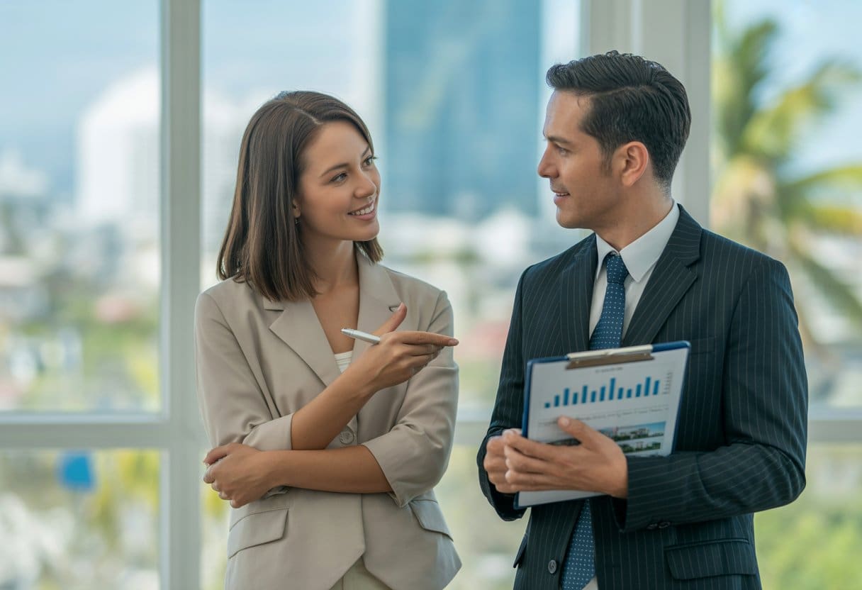 A real estate agent and a property seller discussing documents in a bright office with a city view.