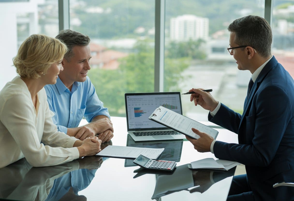 A real estate agent discussing property details with a couple in an office with a city view.