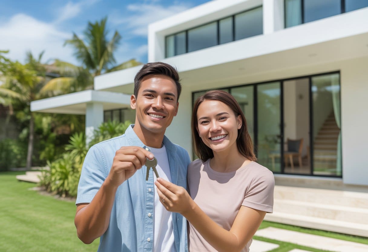 A smiling young couple holding house keys standing outside a modern house surrounded by tropical plants and palm trees.