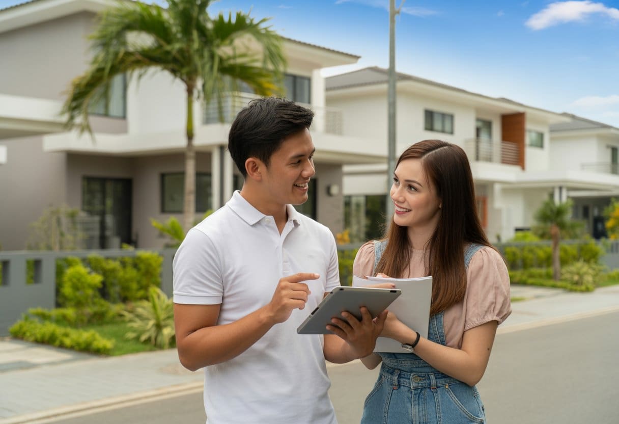 A young couple discussing in front of houses in a tropical neighborhood.