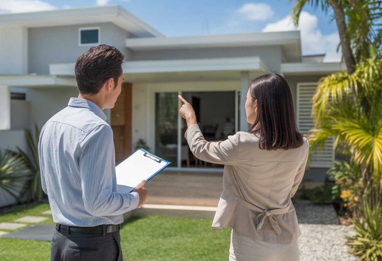 A real estate agent and a homebuyer inspecting a house outdoors with tropical plants and clear skies.