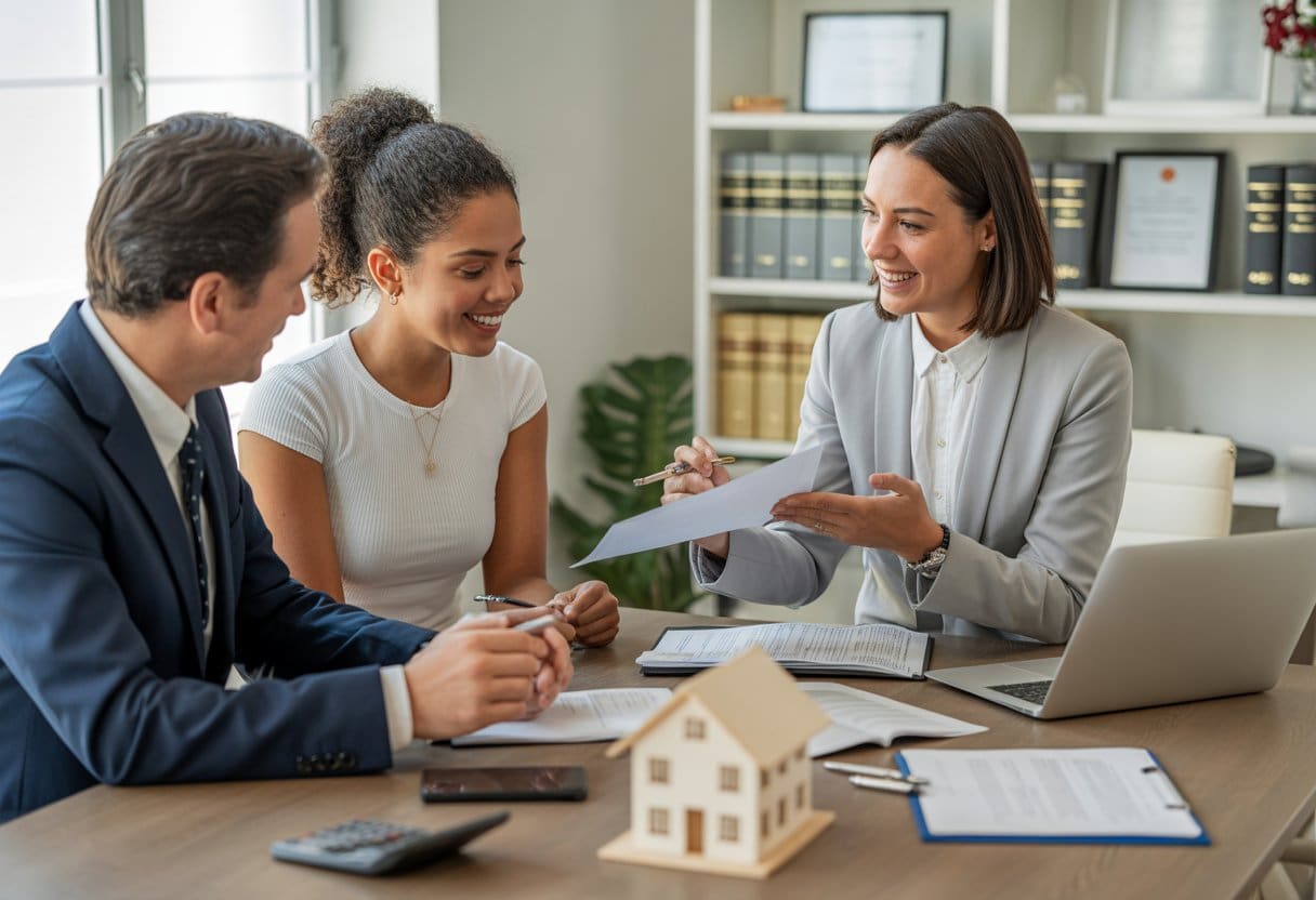 A couple discussing property documents with a real estate agent in a modern office.