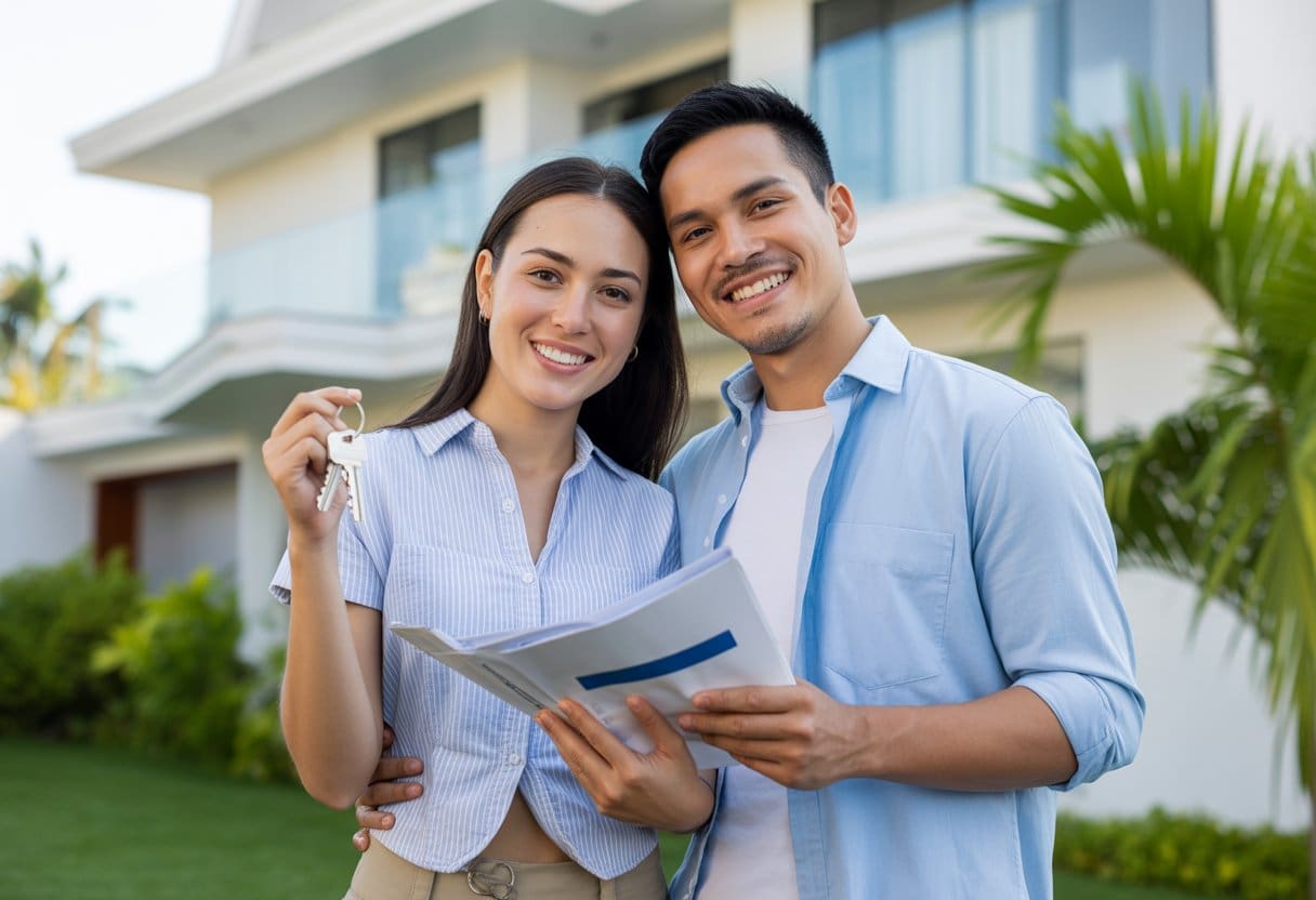A smiling young couple standing outside a modern house, holding house keys and documents, with tropical plants in the background.