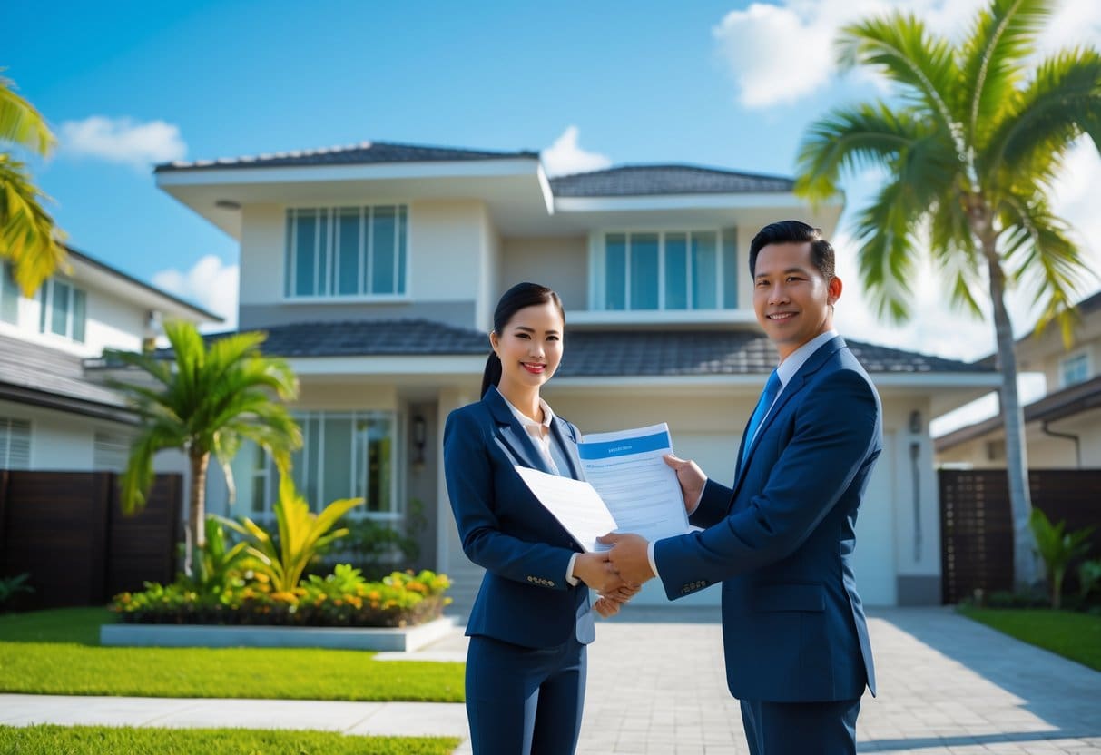 A Filipino family receiving insurance documents from an agent outside their suburban home with tropical plants and clear sky.