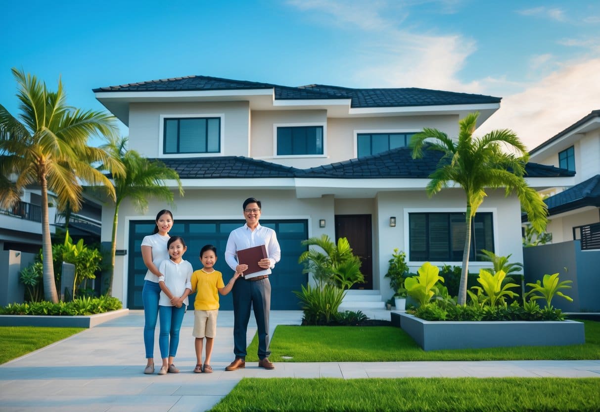 A Filipino family standing happily in front of their modern home while an agent hands them a document, surrounded by tropical plants and clear skies.