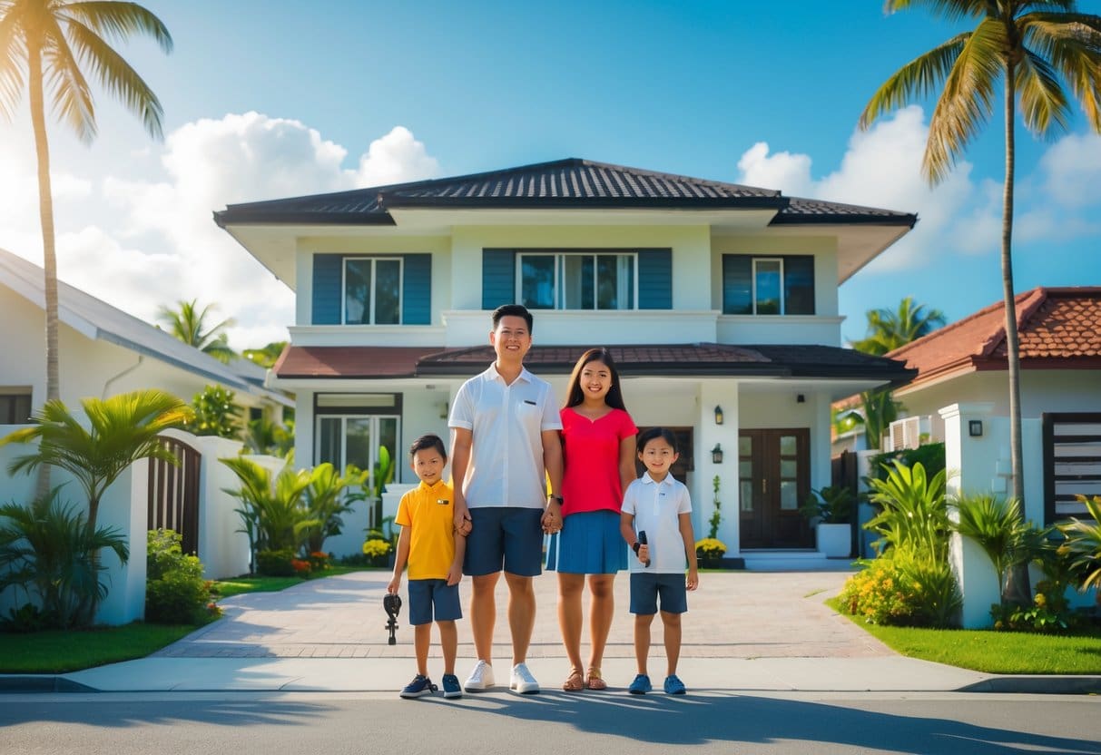 A Filipino family standing outside their house holding keys and documents, with tropical plants and a sunny neighborhood in the background.