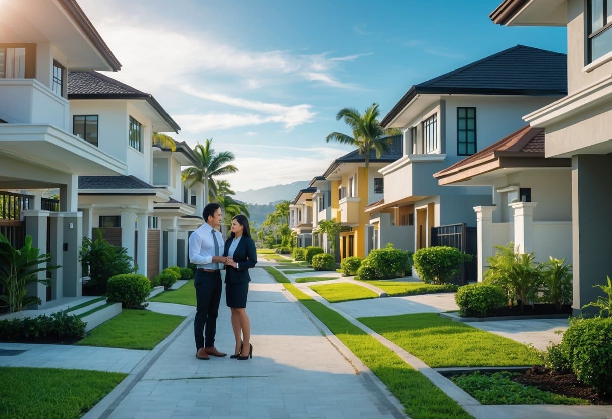 A real estate agent talks to a young couple in a well-kept residential neighborhood with modern houses and greenery in Cebu.