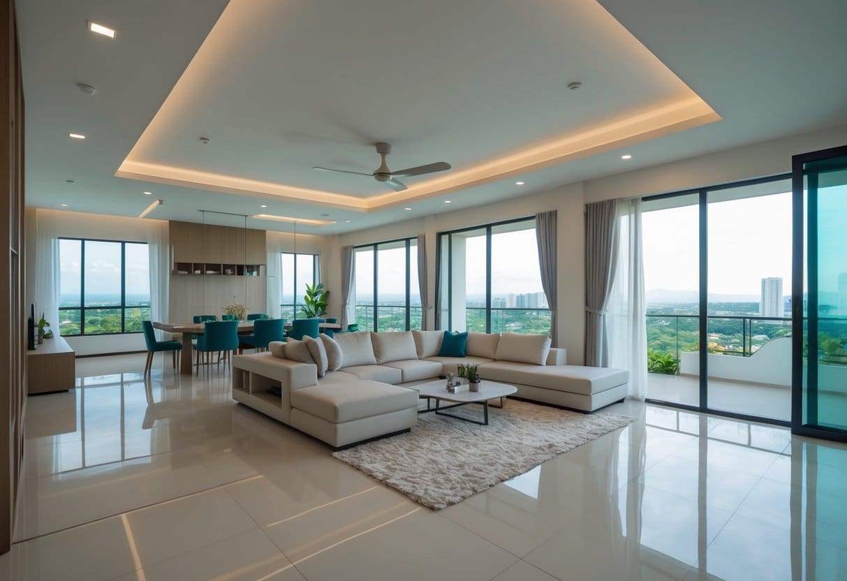 Bright and spacious Cebu home interior with large windows, modern furniture, and built-in storage maximizing usable space.