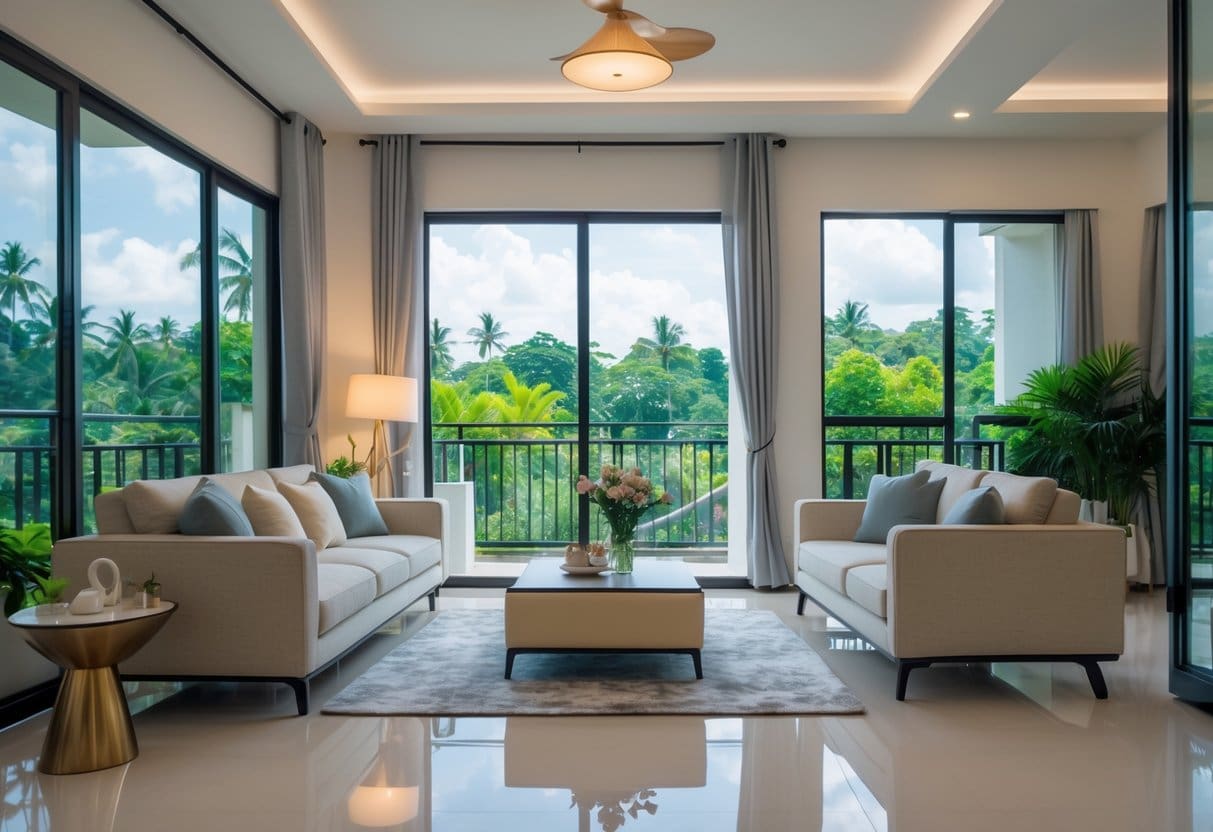 A well-lit modern living room with stylish furniture and large windows overlooking greenery.